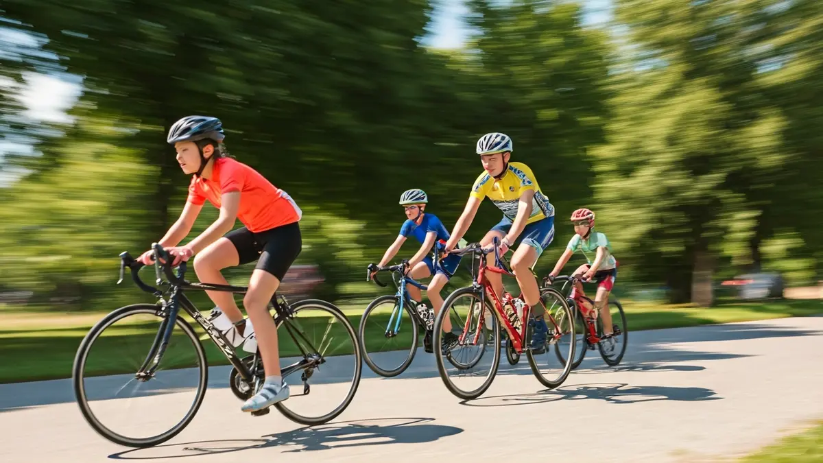 Imaxe xenérica de nenos en bicicleta nunha carreira ciclista.