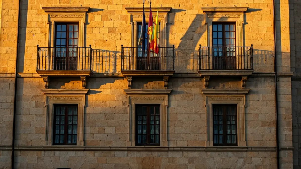 Imagen de la fachada de un ayuntamiento de piedra con balcón y barandillas de hierro, bajo la luz del sol de la tarde.