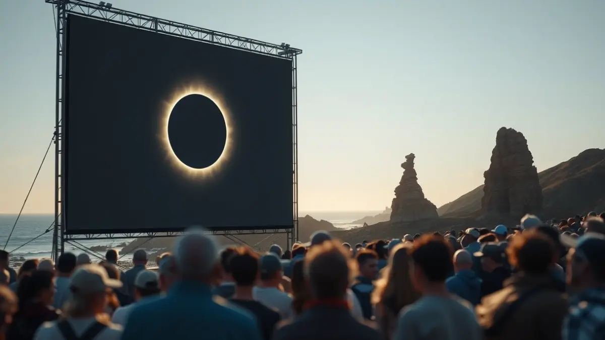 Imaxe dunha pantalla xigante mostrando un eclipse solar, con xente observando nunha paisaxe costeira.