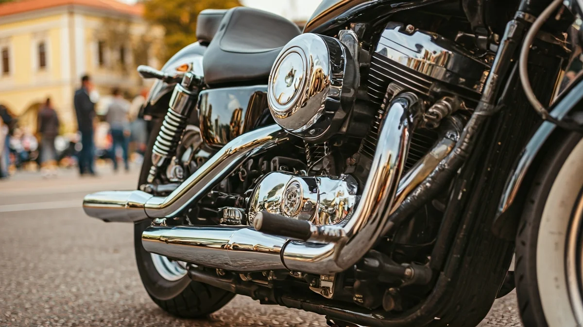 Imagen genérica de un motor de motocicleta con detalles cromados, reflejando la luz del sol.