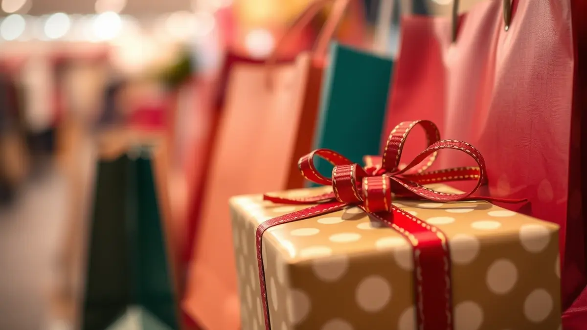 Imagen genérica de un regalo envuelto con bolsas de compra al fondo.