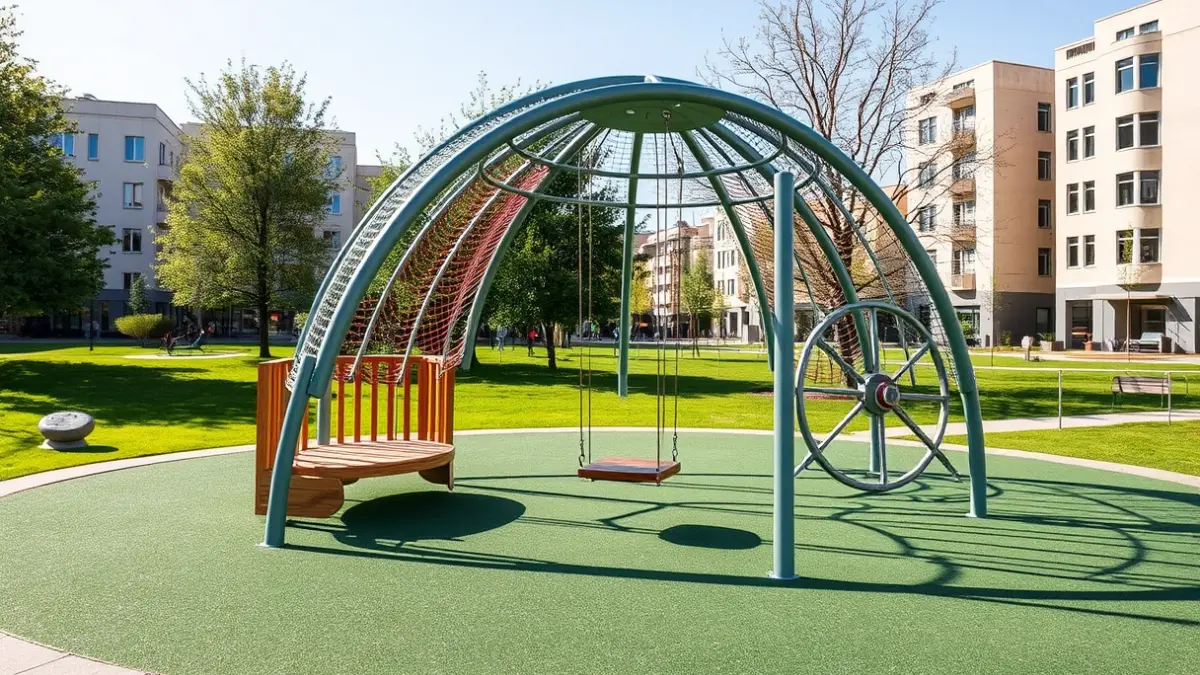 Imagen genérica de un parque infantil moderno con estructura de cúpula y juegos inclusivos.