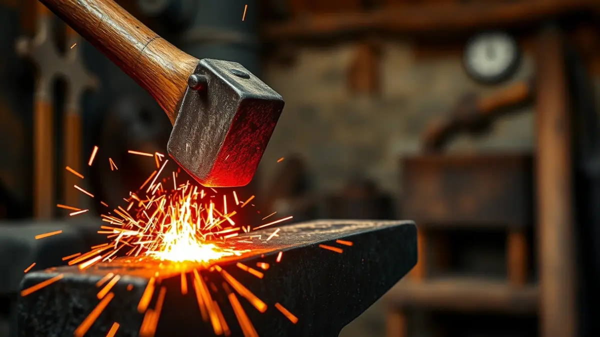 Imaxe xenérica dun ferreiro golpeando ferro incandescente nunha forxa.