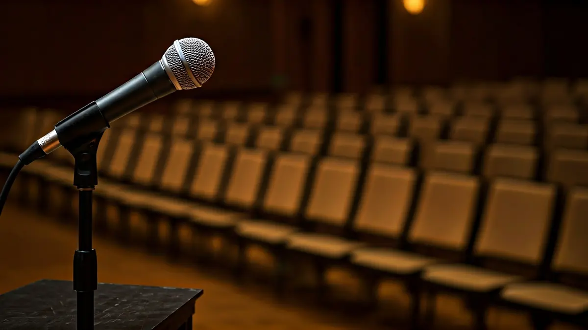 Imaxe xenérica dun micrófono nun podio nun auditorio, simbolizando un encontro cultural.