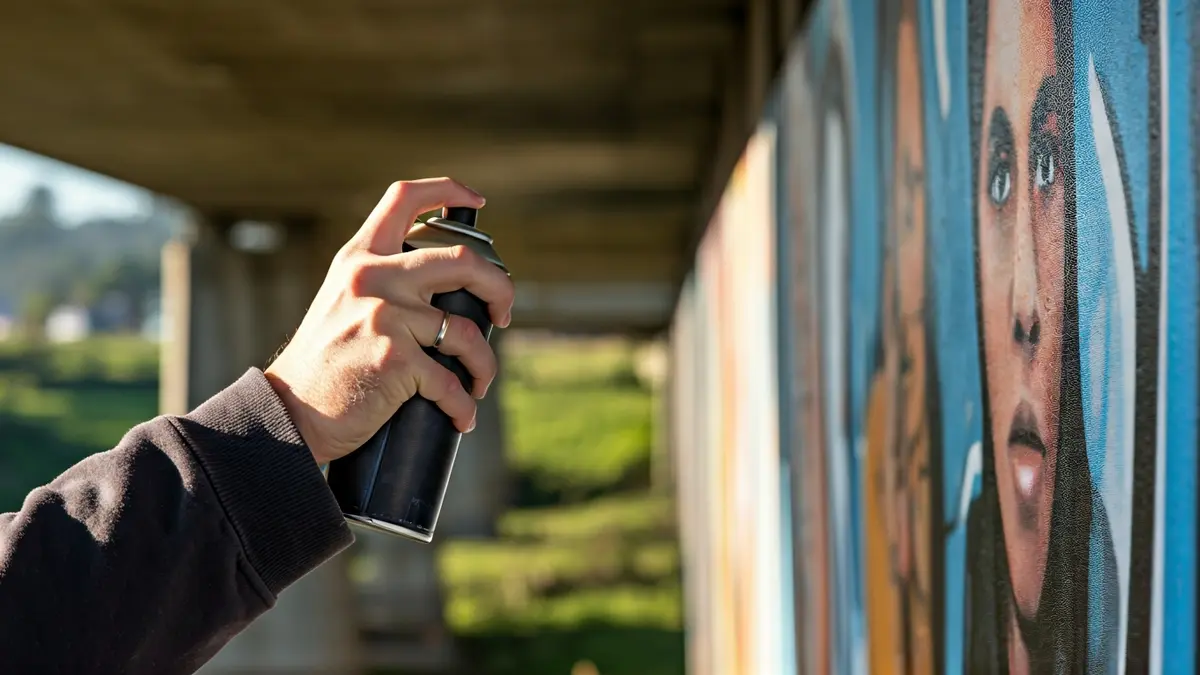 Imaxe dun artista de grafiti pintando un retrato detallado nun muro de formigón baixo unha ponte.