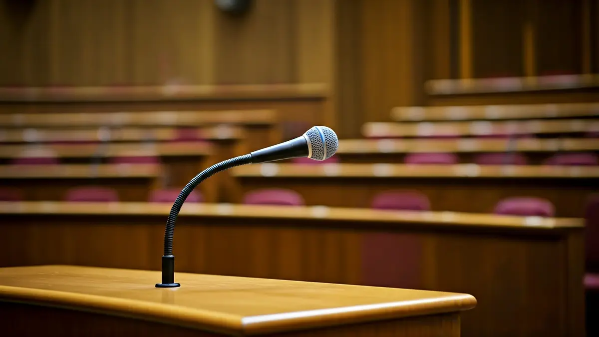 Imaxe xenérica dun micrófono nun podio nunha sala de asemblea lexislativa.