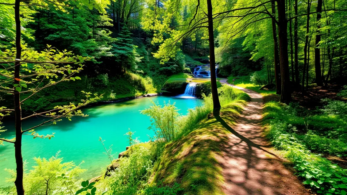 Imagen de una ruta de senderismo con cascadas y pozas de agua turquesa en Ourense.