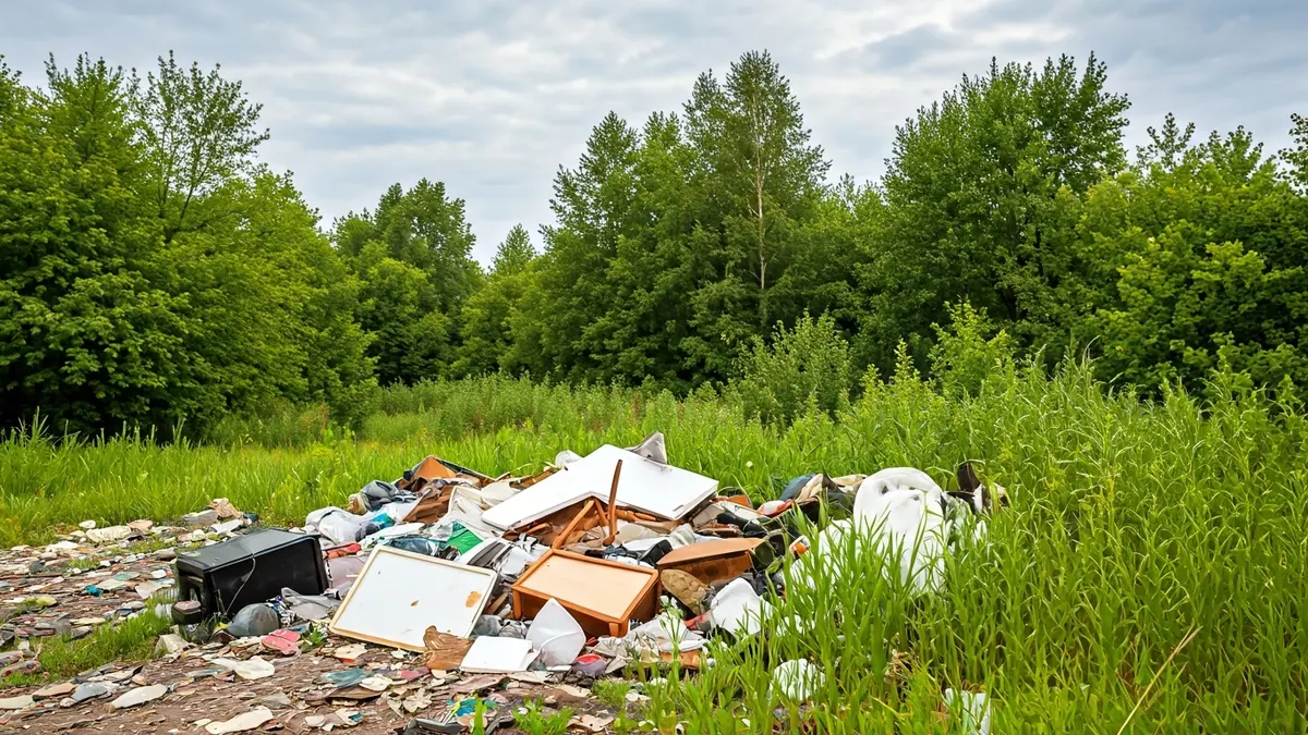 Imaxe de residuos domésticos vertidos ilegalmente nunha zona natural.