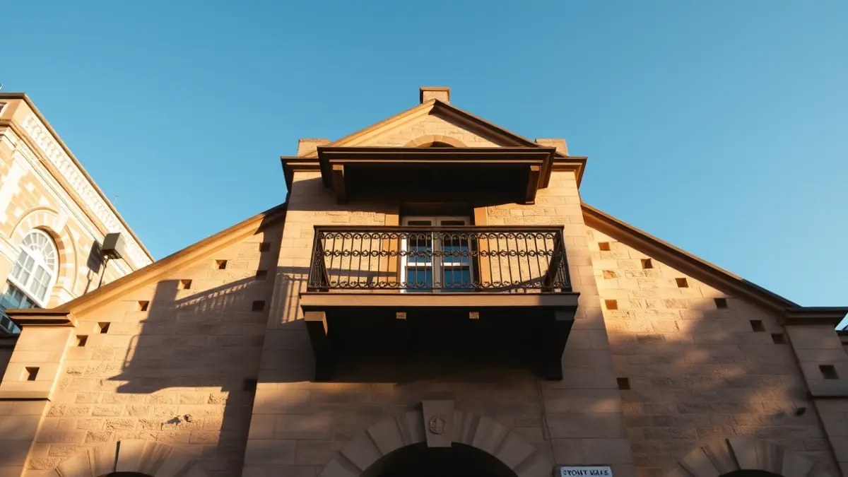 Fachada do concello de Sada baixo a luz do sol da tarde.