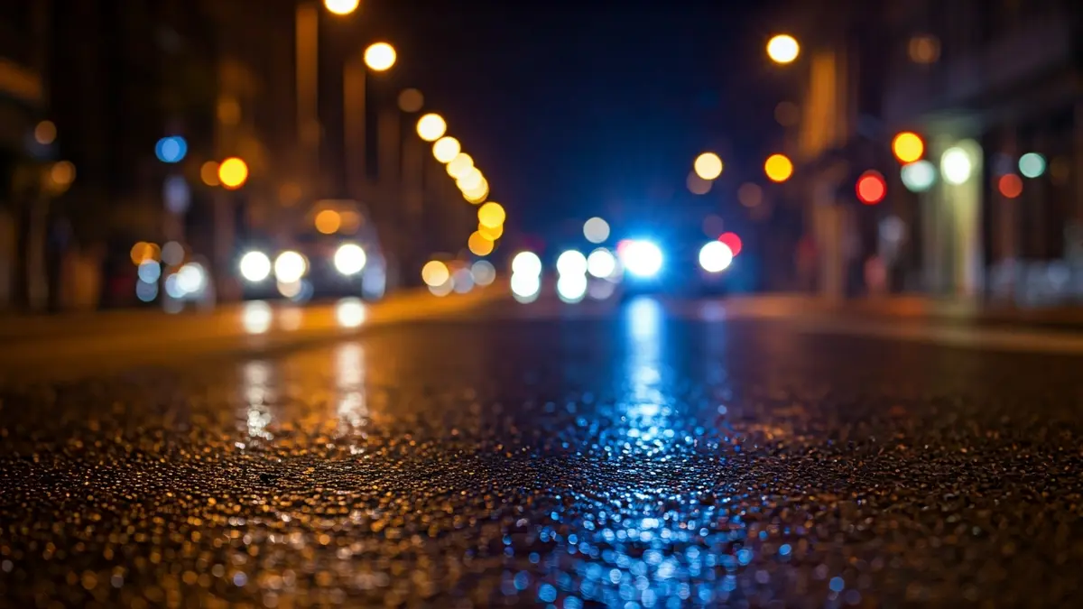 Imagen genérica de luces de emergencia reflejándose sobre asfalto mojado por la noche.