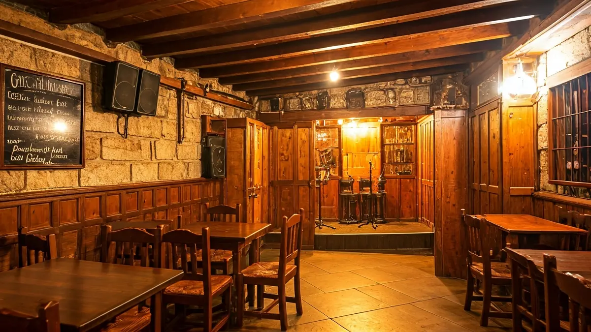Imaxe xenérica dunha taberna tradicional galega, con vigas de madeira e paredes de pedra.