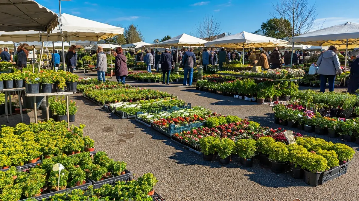Imaxe xenérica dunha feira de plantas e produtos agrícolas ao aire libre.