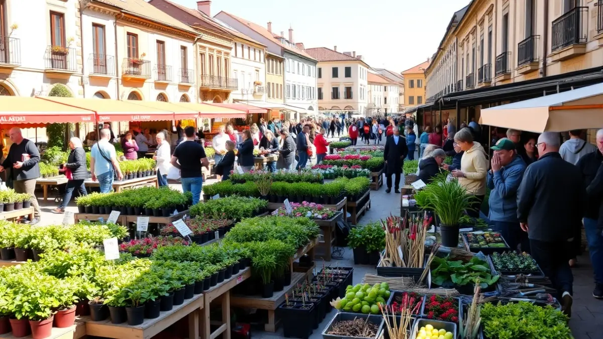 Imagen de una feria de plantación con muchos puestos y gente.