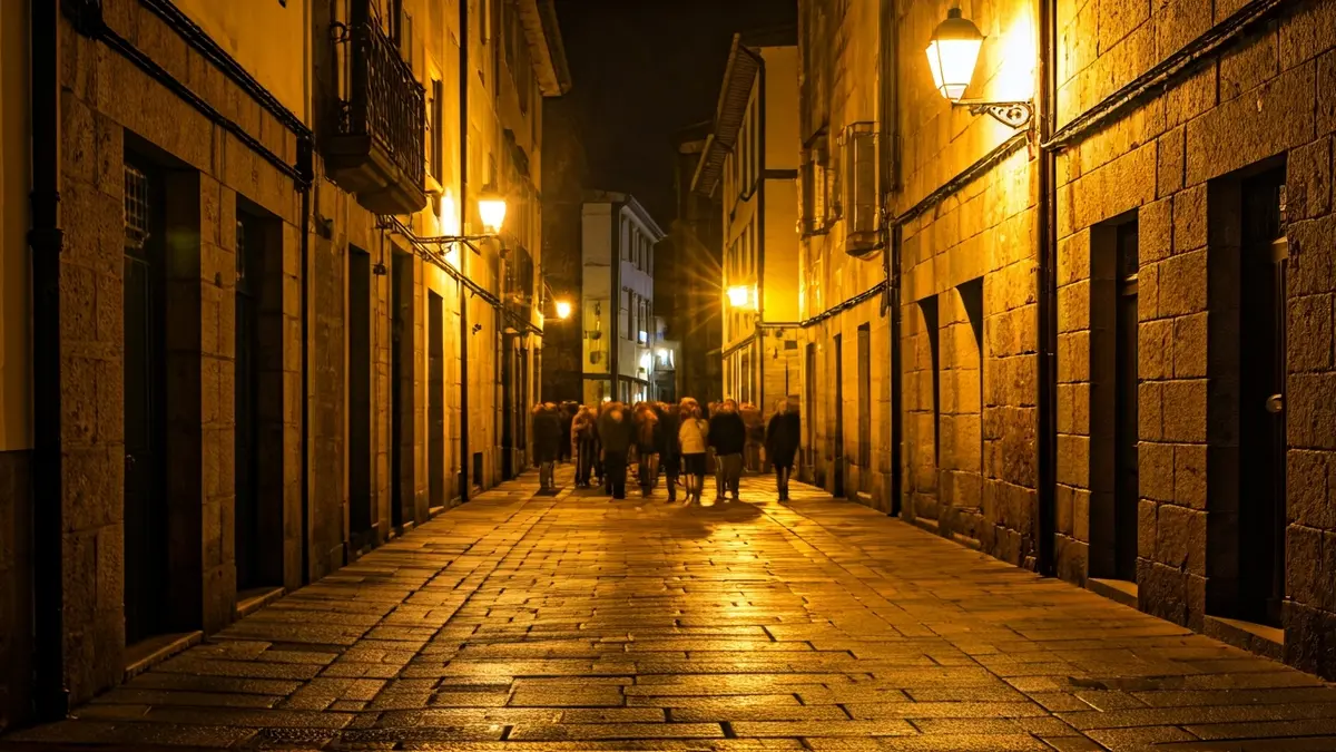 Imaxe xenérica dunha rúa estreita e histórica nunha vila galega pola noite.