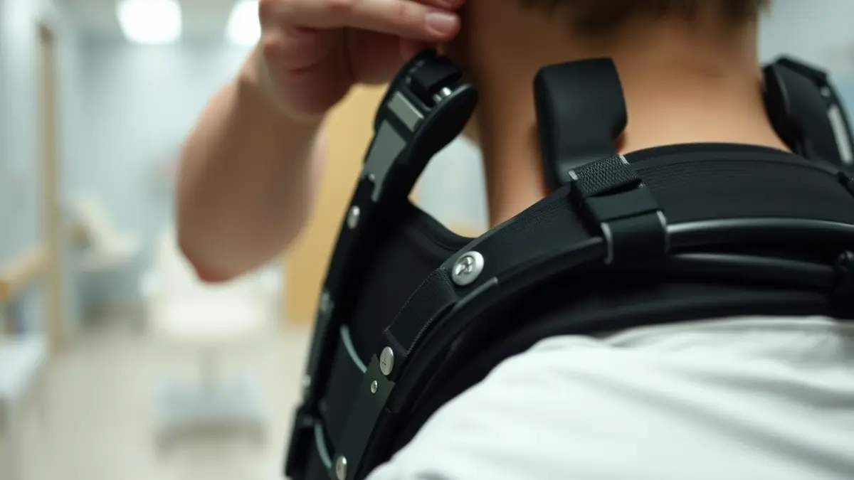 Imaxe dun prototipo de exoesqueleto pasivo flexible sendo probado no lombo dunha persoa nun ambiente hospitalario.