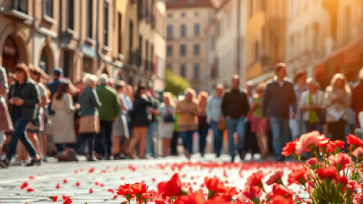 Imagen de una calle con gente y claveles rojos, simbolizando la primavera y la cultura.