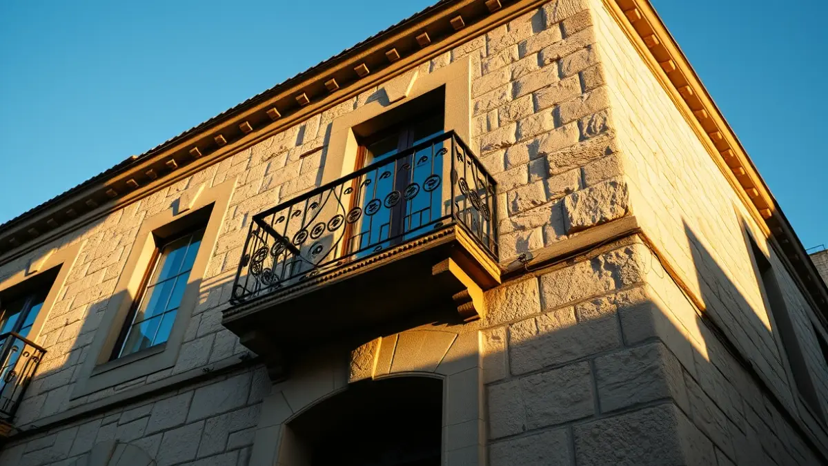 Imaxe da fachada dun edificio tradicional de pedra en Galicia.