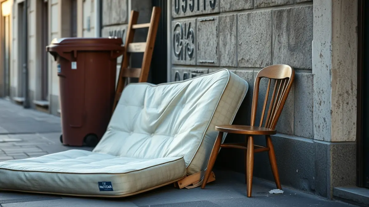 Imaxe de residuos voluminosos abandonados na rúa xunto a un contedor de lixo.