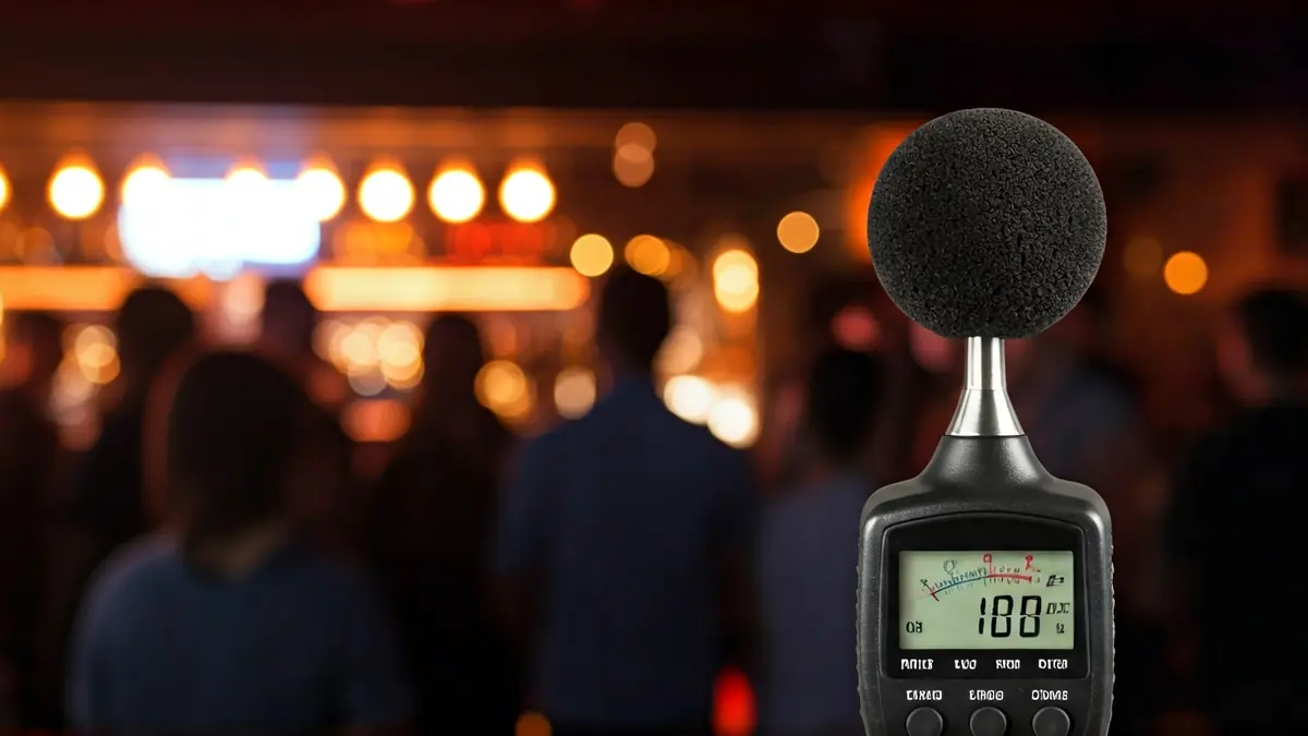 Imaxe xenérica dun sonómetro medindo o nivel de ruído nun local de ocio.