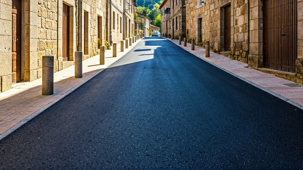 Rúa humanizada en Vilalonga, Sanxenxo, con plataforma única e bolardos.