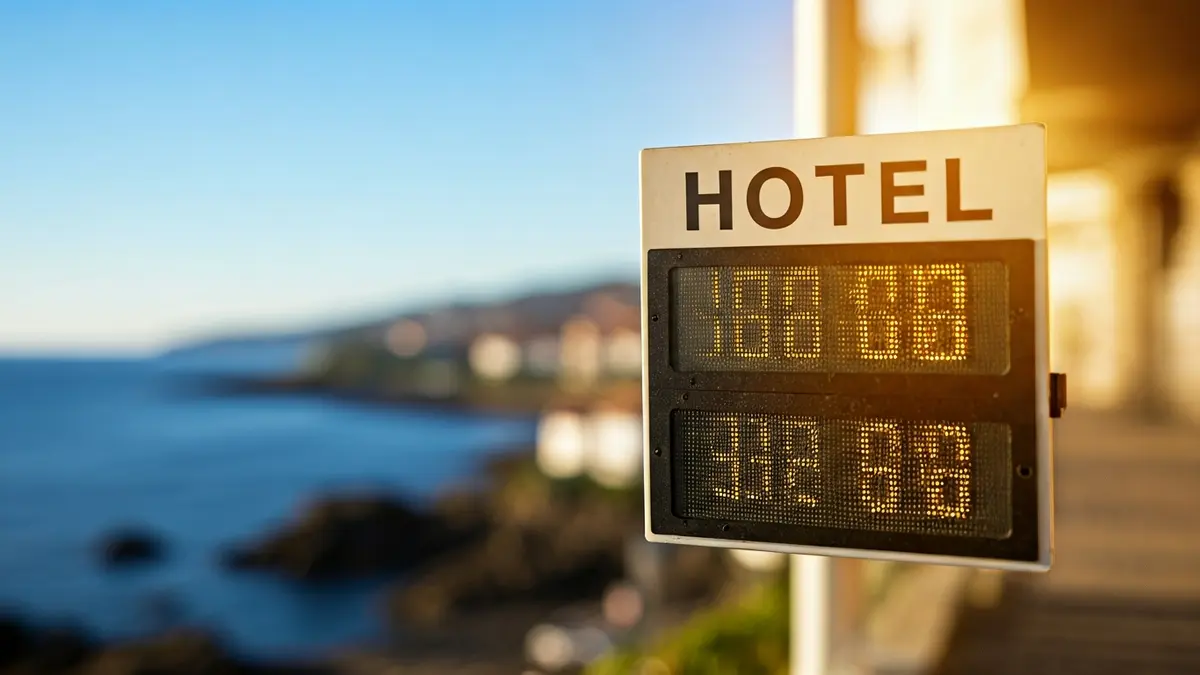 Imaxe xenérica dun cartel de ocupación hoteleira cunha porcentaxe alta, co fondo dunha vila costeira galega.