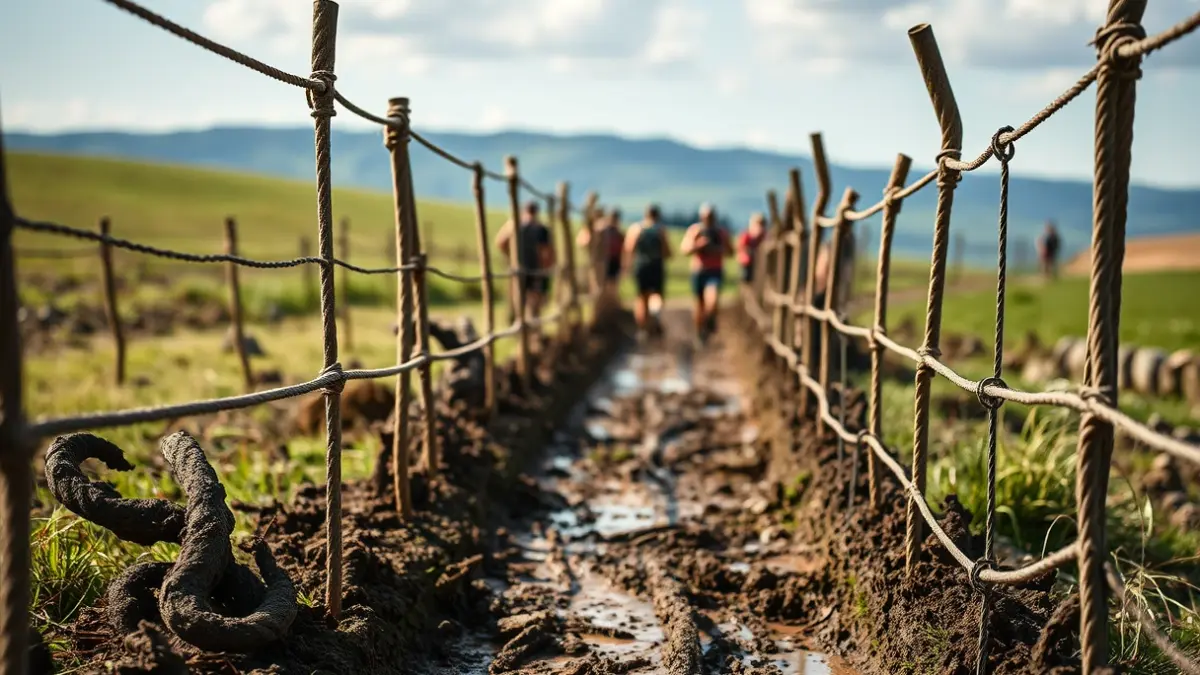Imaxe dunha carreira de obstáculos con cordas e muros, con atletas ao fondo.
