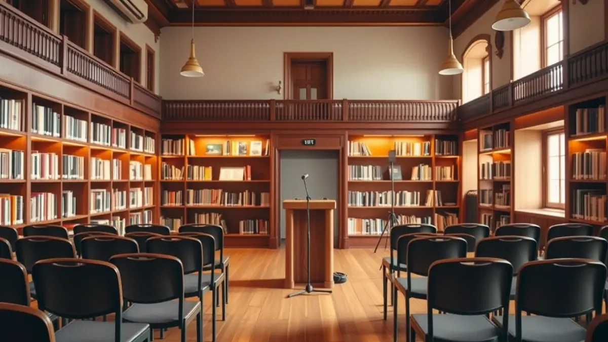 Imaxe xenérica dunha biblioteca con estantes de madeira e un micrófono nun podio.