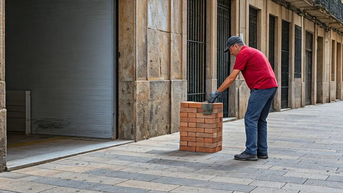 Obreiro tapiando un baixo comercial na rúa Vila de Negreira, na Coruña.