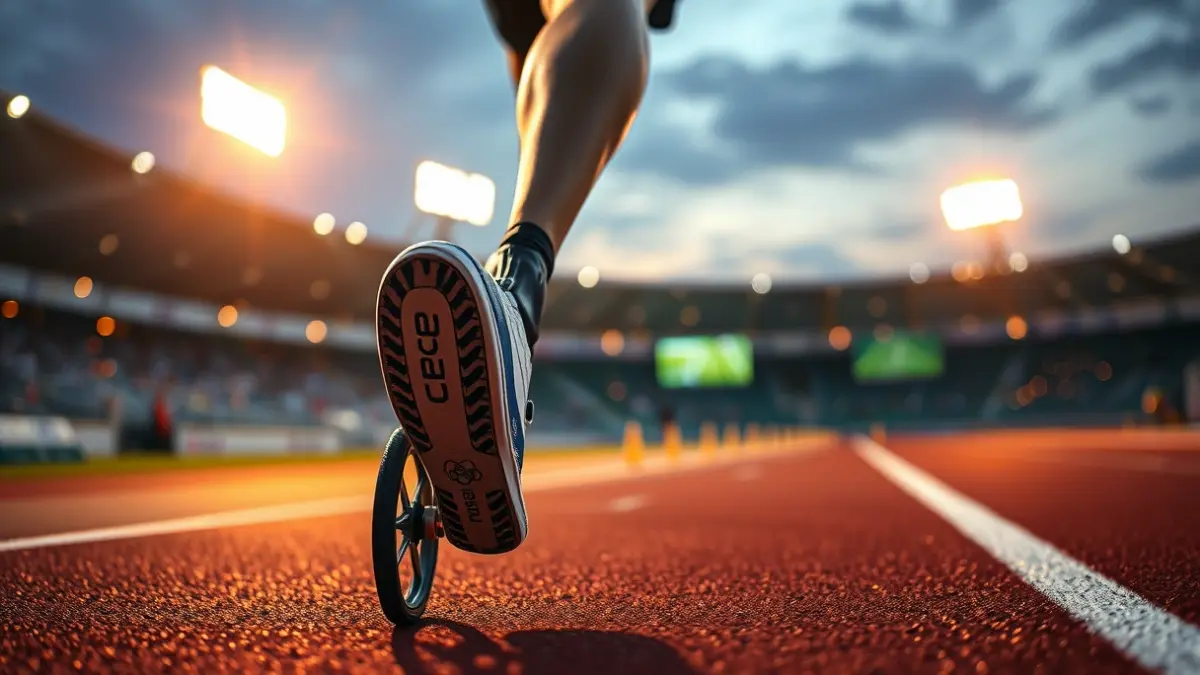 Imagen genérica de una pierna protésica de un atleta paralímpico en una pista de atletismo.