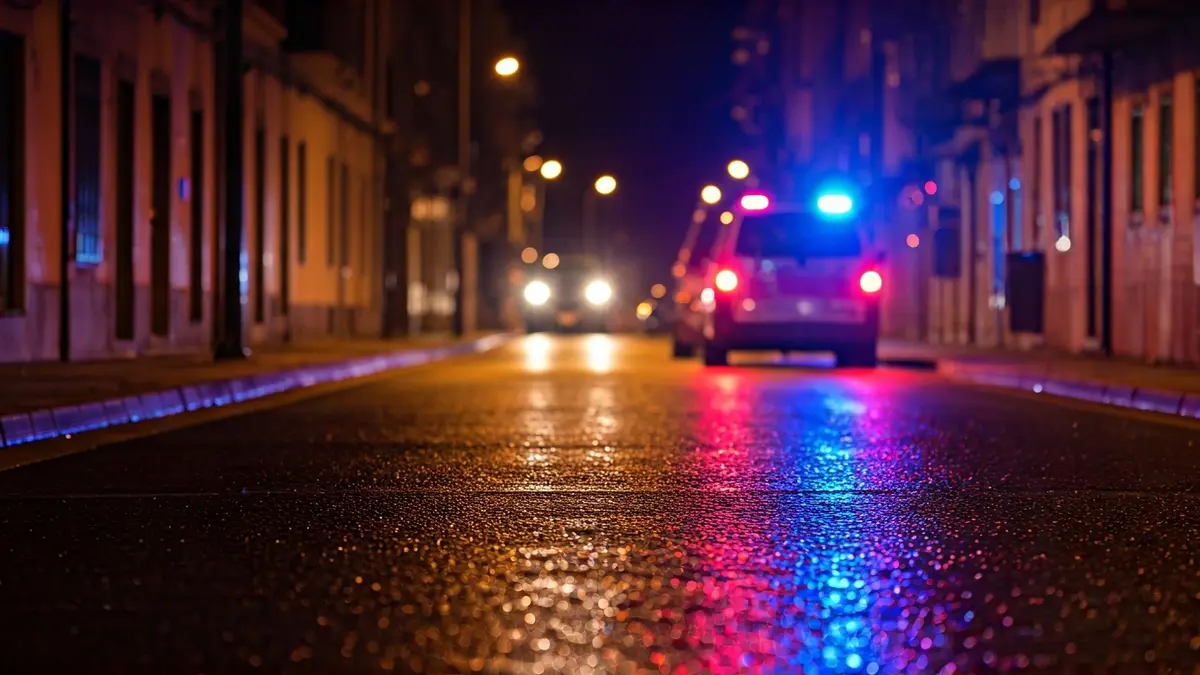 Imaxe xenérica de luces de emerxencia reflectíndose sobre asfalto mollado pola noite.