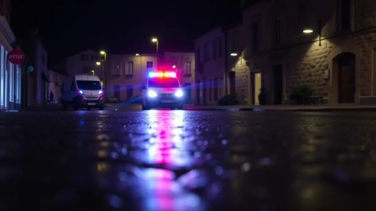 Imagen genérica de luces de emergencia reflejándose sobre asfalto mojado en un pueblo gallego.