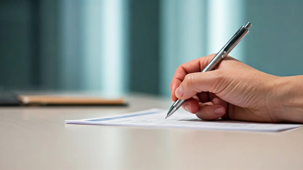 Imaxe xenérica dunha man cubrindo un formulario médico nun ambiente hospitalario.