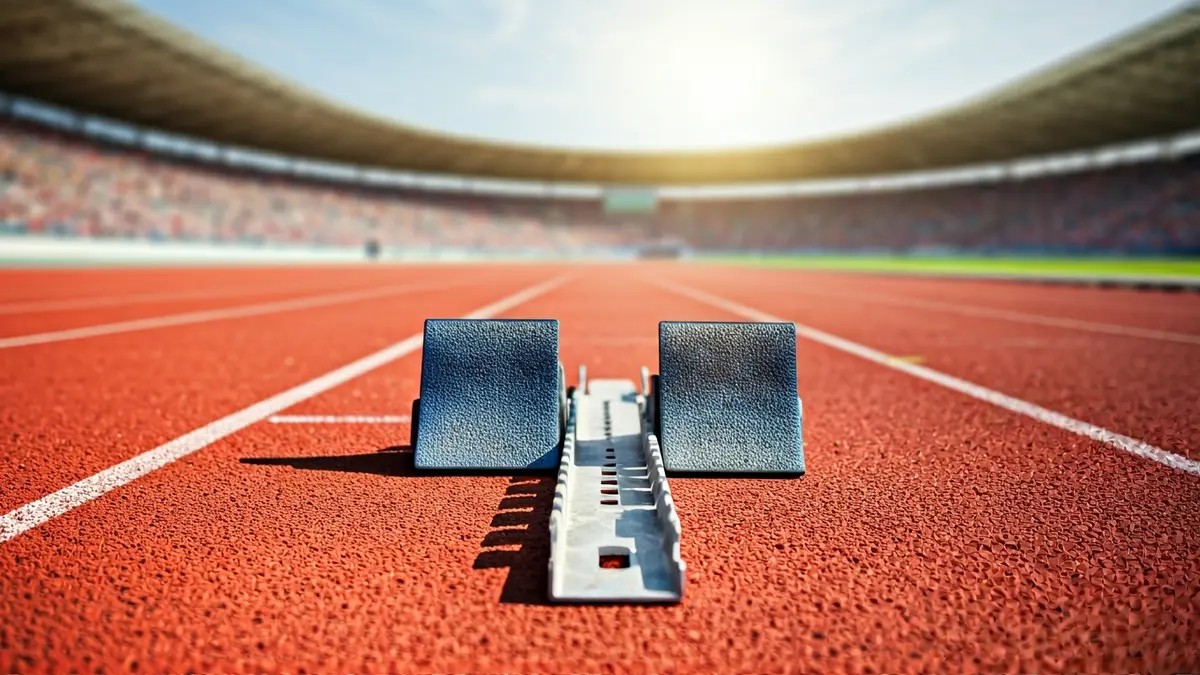 Imaxe xenérica dunha pista de atletismo con bloques de saída.