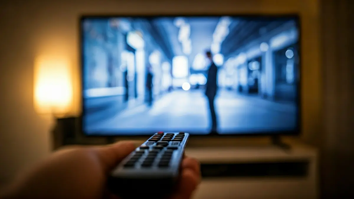 Imaxe xenérica dunha pantalla de televisión mostrando unha serie e un mando a distancia.