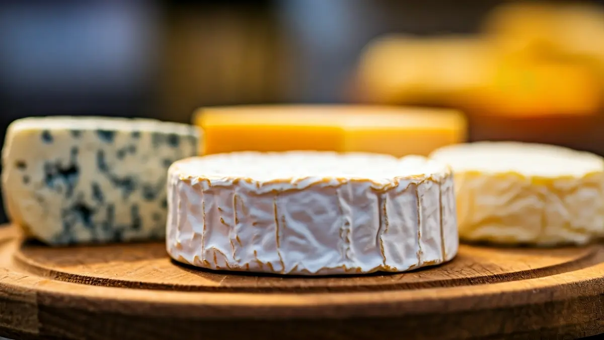 Imaxe xenérica de varios queixos artesanais sobre unha táboa de madeira.