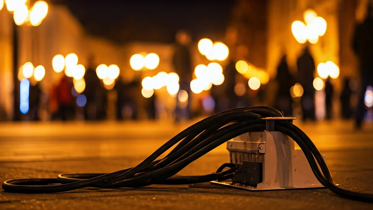 Imaxe dun cadro eléctrico provisional para subministrar enerxía a atraccións de feira.