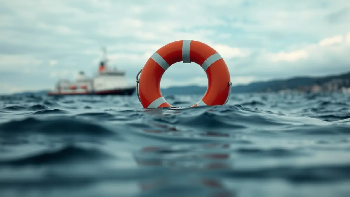 Imagen genérica de un salvavidas flotando en el agua, con un barco al fondo.