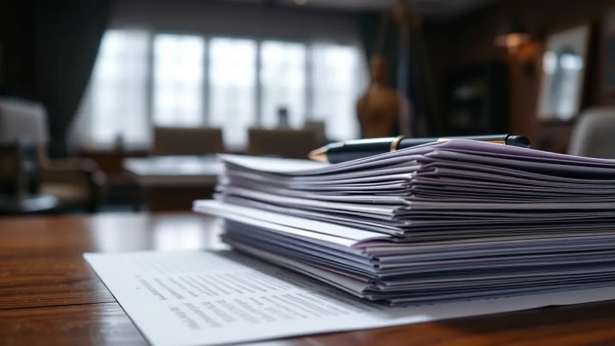 Imaxe xenérica de documentos oficiais e un bolígrafo sobre unha mesa.