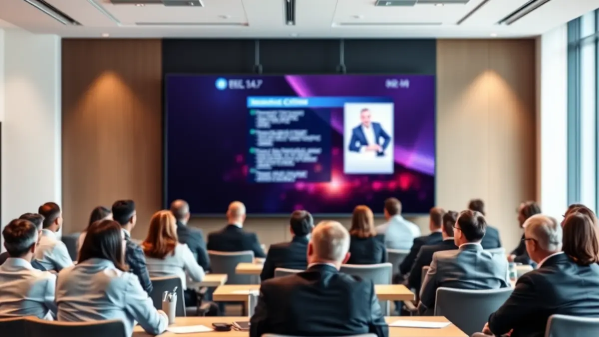 Imaxe xenérica dunha sala de conferencias con profesionais debatendo.