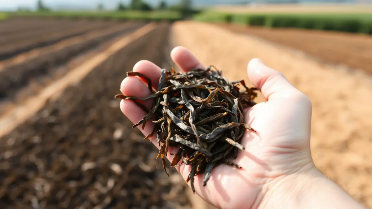 Imaxe dunha man sostendo algas secas, con campos agrícolas ao fondo.