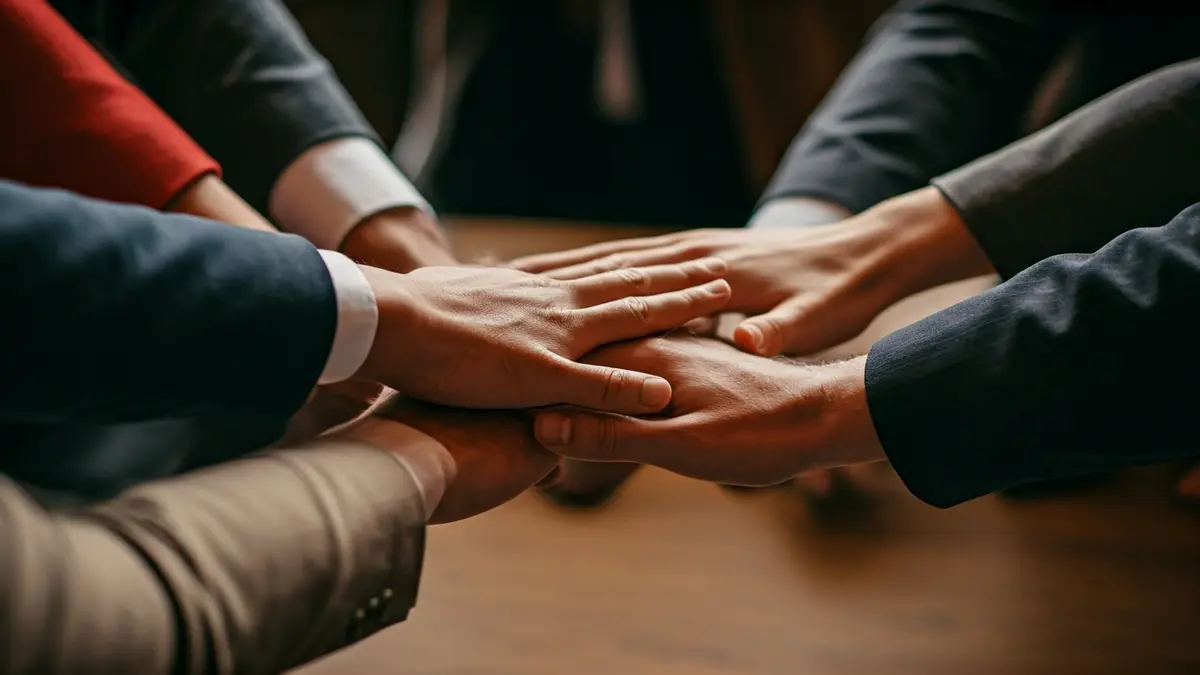 Imaxe xenérica de mans uníndose nunha mesa de reunión, simbolizando unha alianza política.