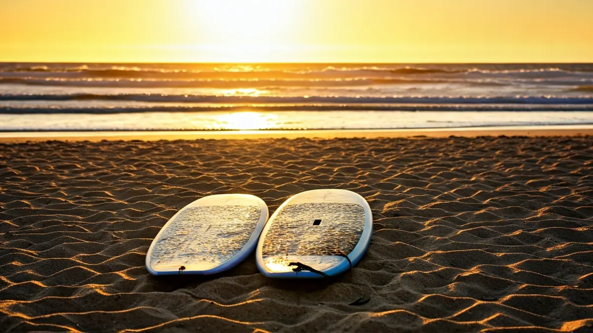 Imagen genérica de dos tablas de surf en la arena de una playa al atardecer.
