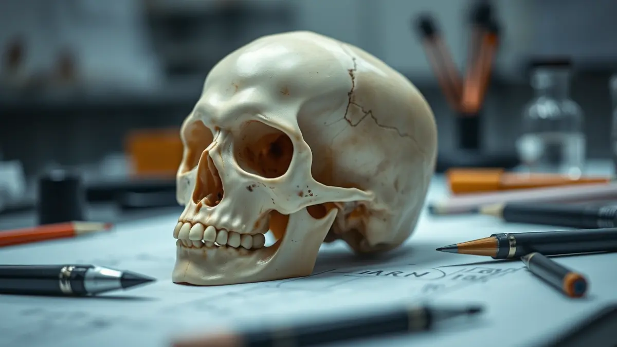Imagen genérica de un cráneo humano en una mesa de examen forense, con instrumentos científicos y herramientas de dibujo alrededor.