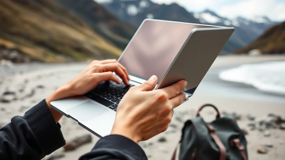 Imaxe xenérica dunha persoa teletraballando ao aire libre, cunha mochila preto.