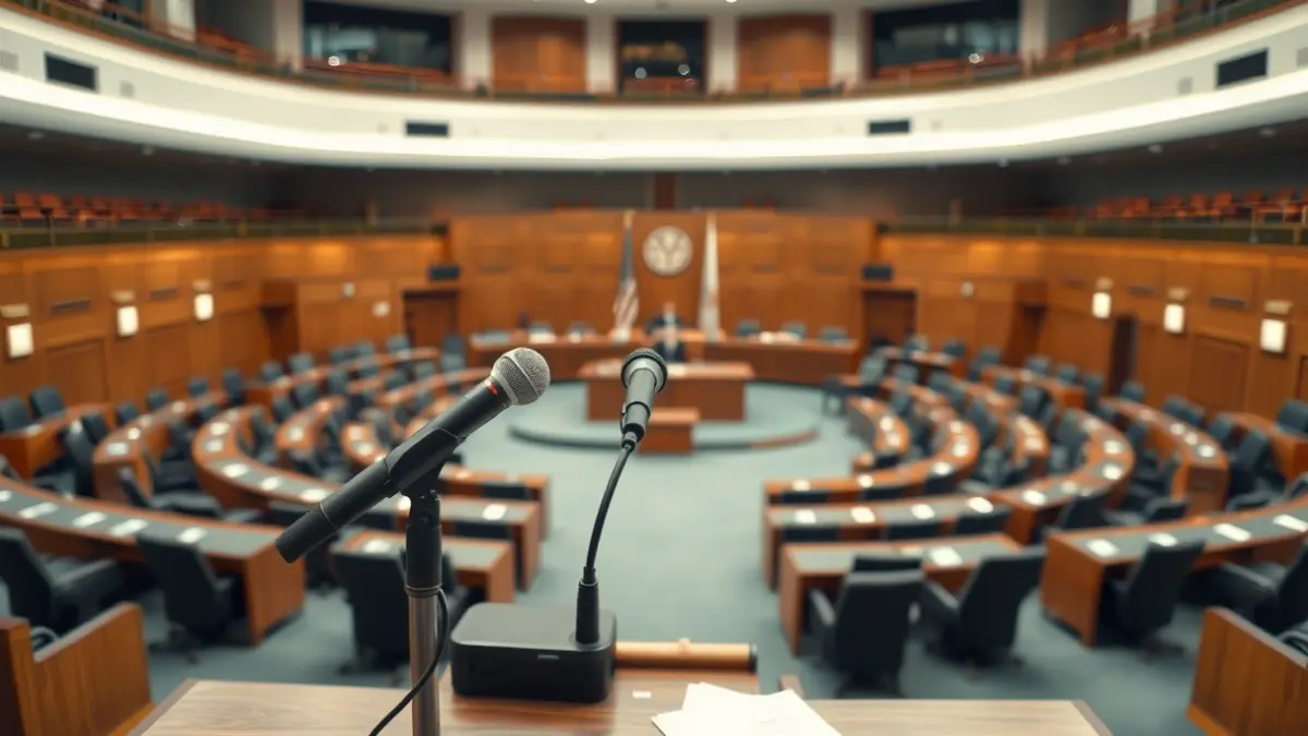 Imaxe xenérica dun micrófono nunha sala de plenos baleira, simbolizando o debate político.