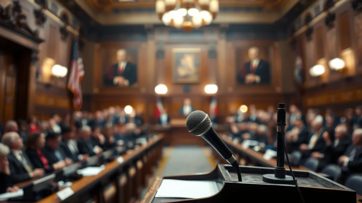 Imaxe xenérica dun micrófono nun podio nunha sala de plenos, representando un debate político tenso.