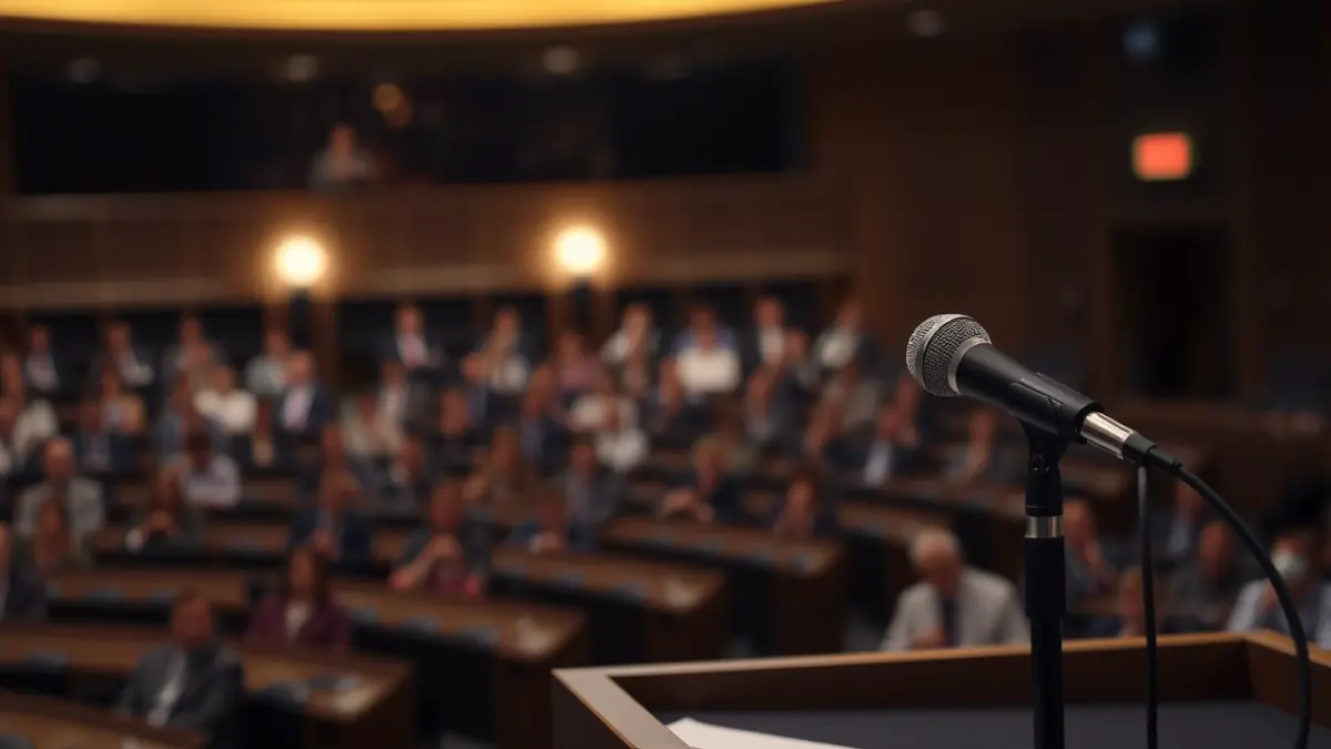 Imaxe xenérica dun micrófono nun podio nunha sala de plenos, suxerindo un debate político.