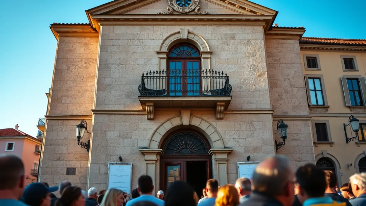 Imagen de la fachada de un ayuntamiento gallego con balcón y gente manifestándose.