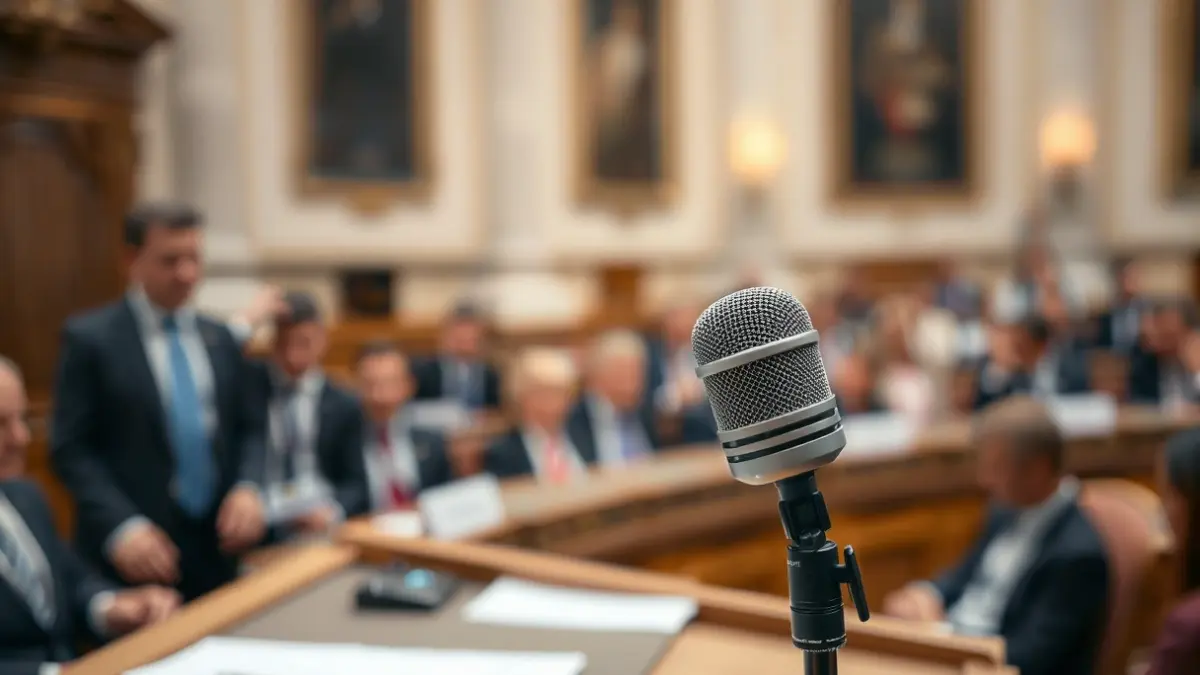 Imaxe xenérica dun micrófono nun podio, representando un debate político.
