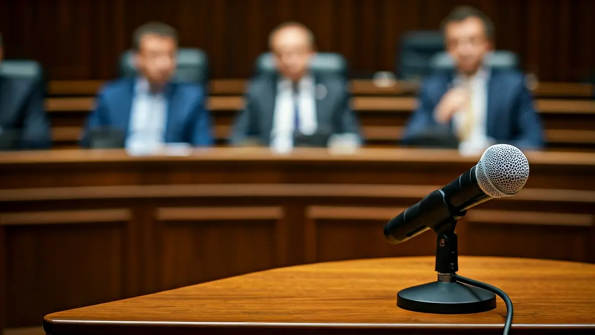 Imaxe xenérica dun micrófono nun podio nunha sala de plenos, simbolizando un debate político.